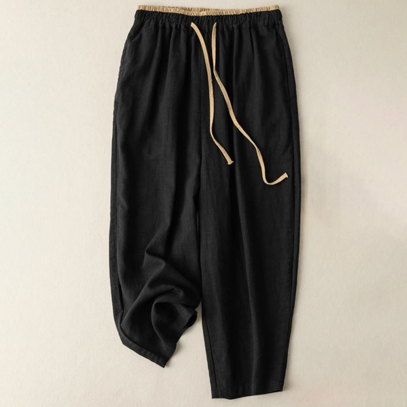 Lässige, einfarbige Damenhose aus Baumwollleinen mit Kordelzug und Taschen