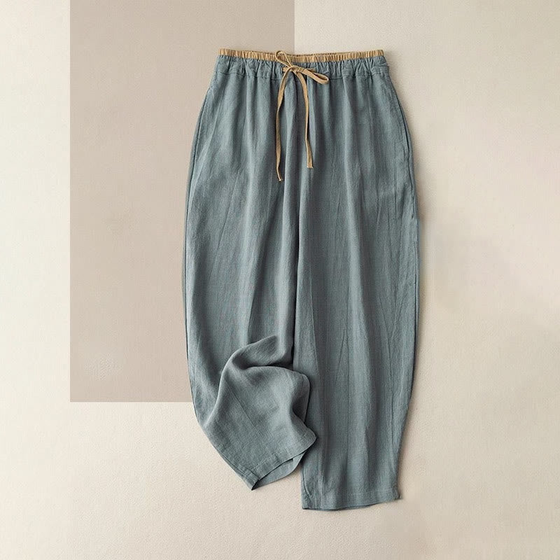 Lässige, einfarbige Damenhose aus Baumwollleinen mit Kordelzug und Taschen