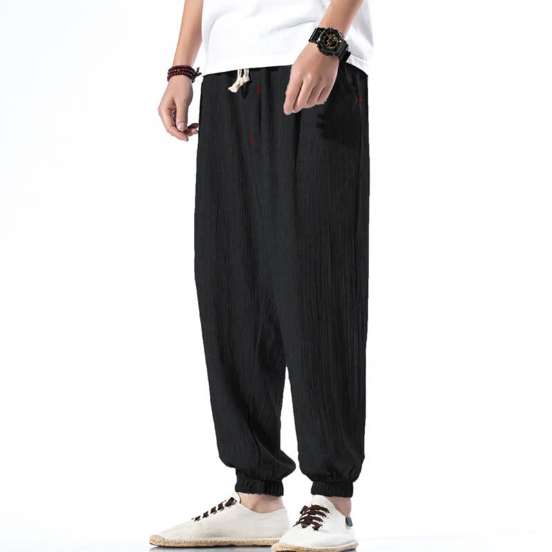Lässige, einfarbige Herrenhose aus Leinen mit Kordelzug und Taschen