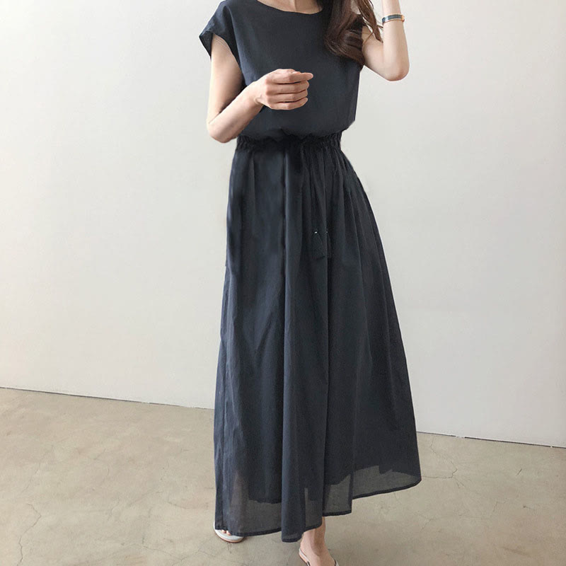 Casual Eastic Kurzarm-Midikleid mit Kordelzug in der Taille