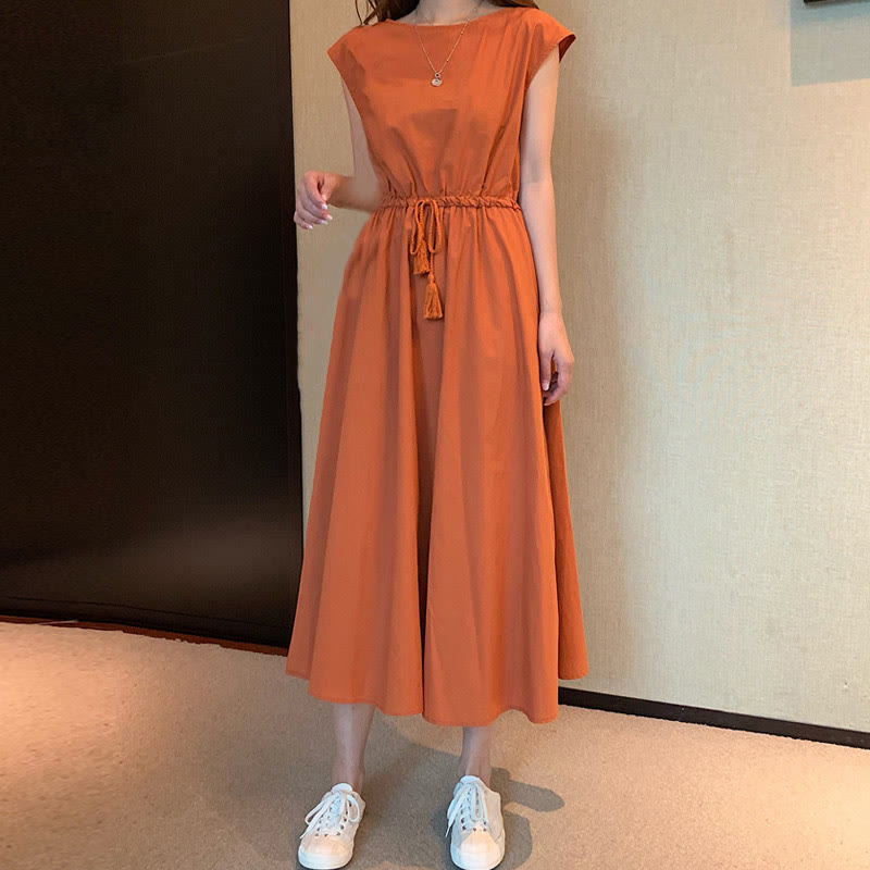 Casual Eastic Kurzarm-Midikleid mit Kordelzug in der Taille