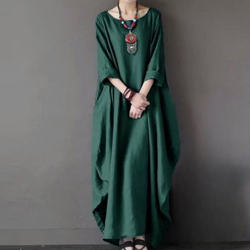 Einfarbiges Maxikleid aus Baumwolle mit Dreiviertelärmeln für Damen