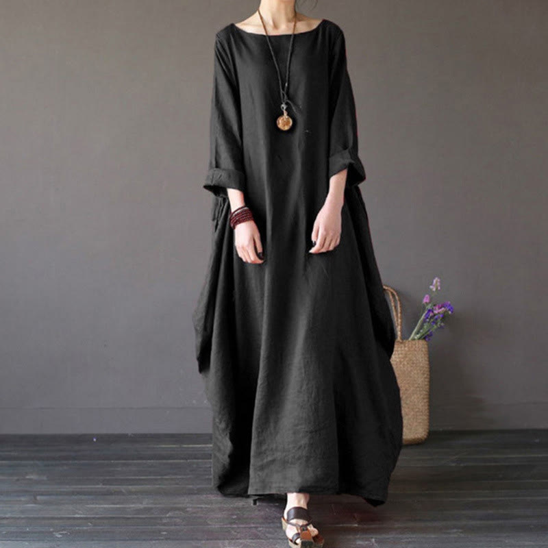 Einfarbiges Maxikleid aus Baumwolle mit Dreiviertelärmeln für Damen