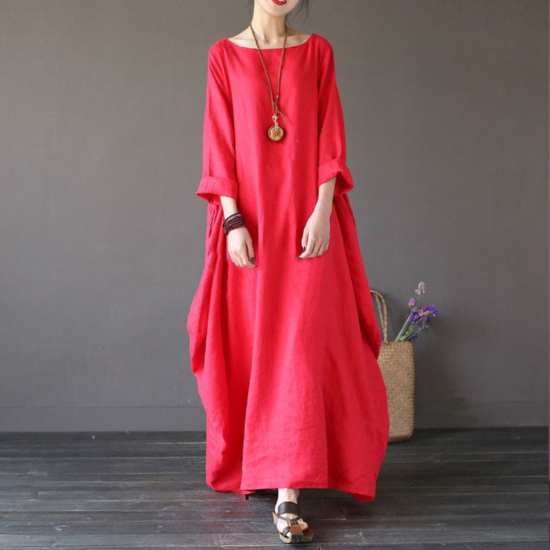 Einfarbiges Maxikleid aus Baumwolle mit Dreiviertelärmeln für Damen