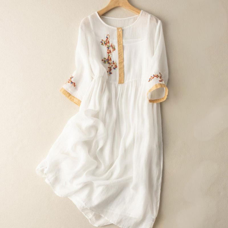 Frühlings-Midikleid mit ethnischer Stickerei und halben Ärmeln für Damen