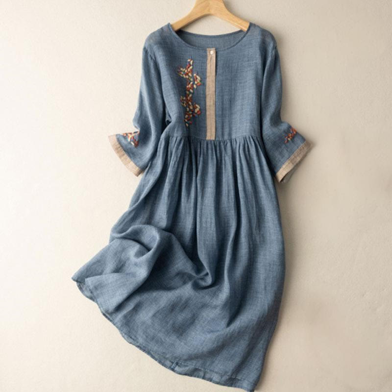 Frühlings-Midikleid mit ethnischer Stickerei und halben Ärmeln für Damen