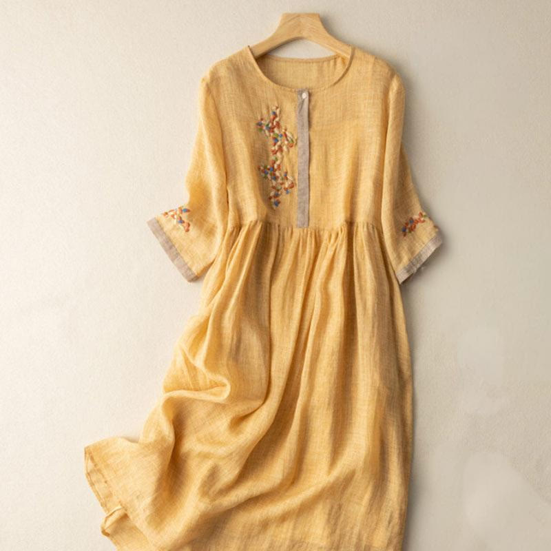 Frühlings-Midikleid mit ethnischer Stickerei und halben Ärmeln für Damen