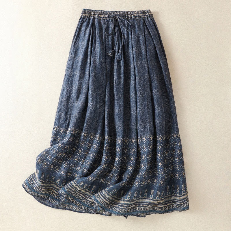 Vintage Ethno Blumenmuster Gefütterter Damenrock mit Kordelzug und Taschen