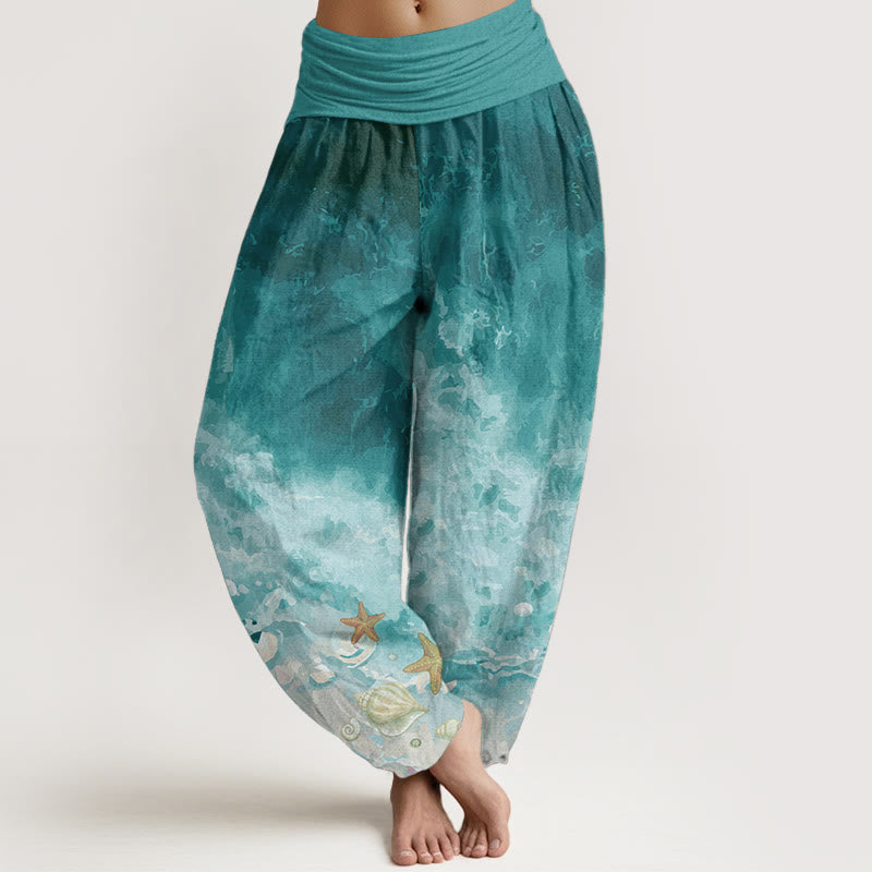 Damen-Haremshose aus reiner Baumwolle mit weitem Ozeanmuster und elastischer Taille