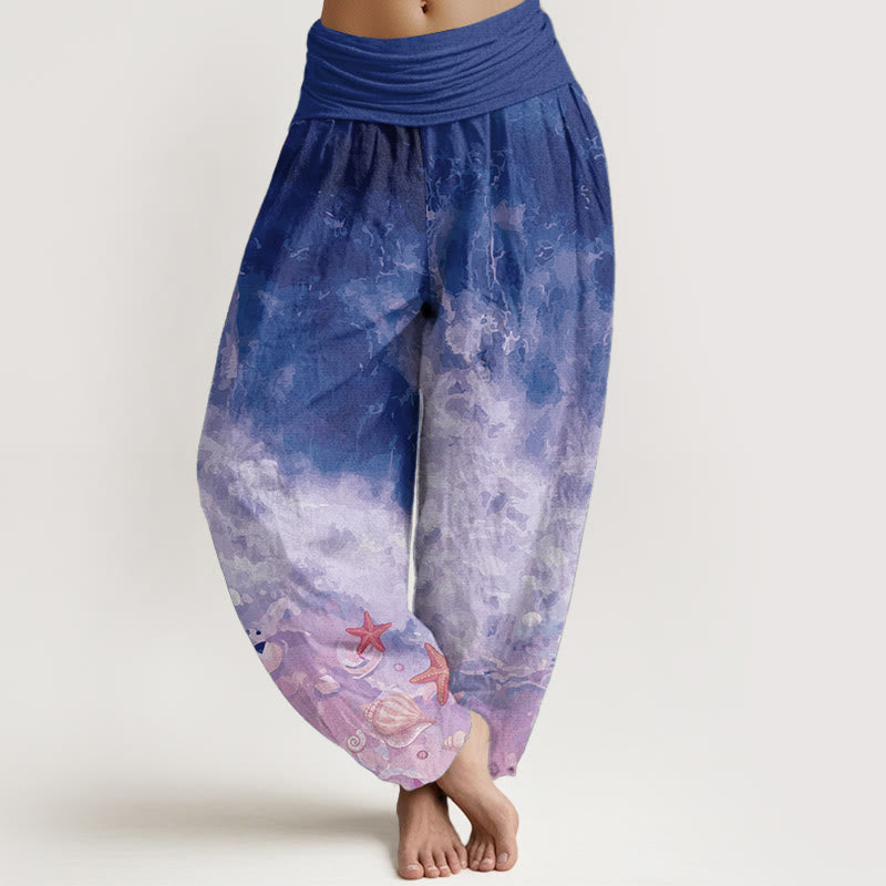 Damen-Haremshose aus reiner Baumwolle mit weitem Ozeanmuster und elastischer Taille