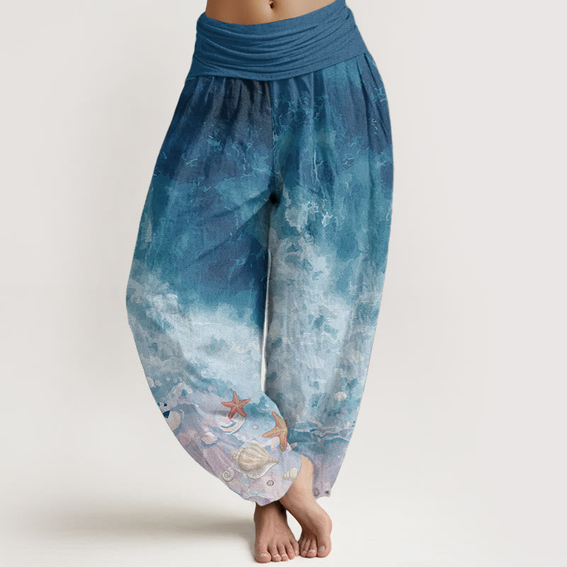 Damen-Haremshose aus reiner Baumwolle mit weitem Ozeanmuster und elastischer Taille