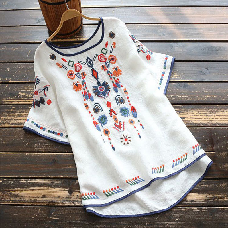 Retro Künstlerische Stickerei Blumenmuster Rundhals Damen Baumwolle Leinen Kurzarm T-Shirt