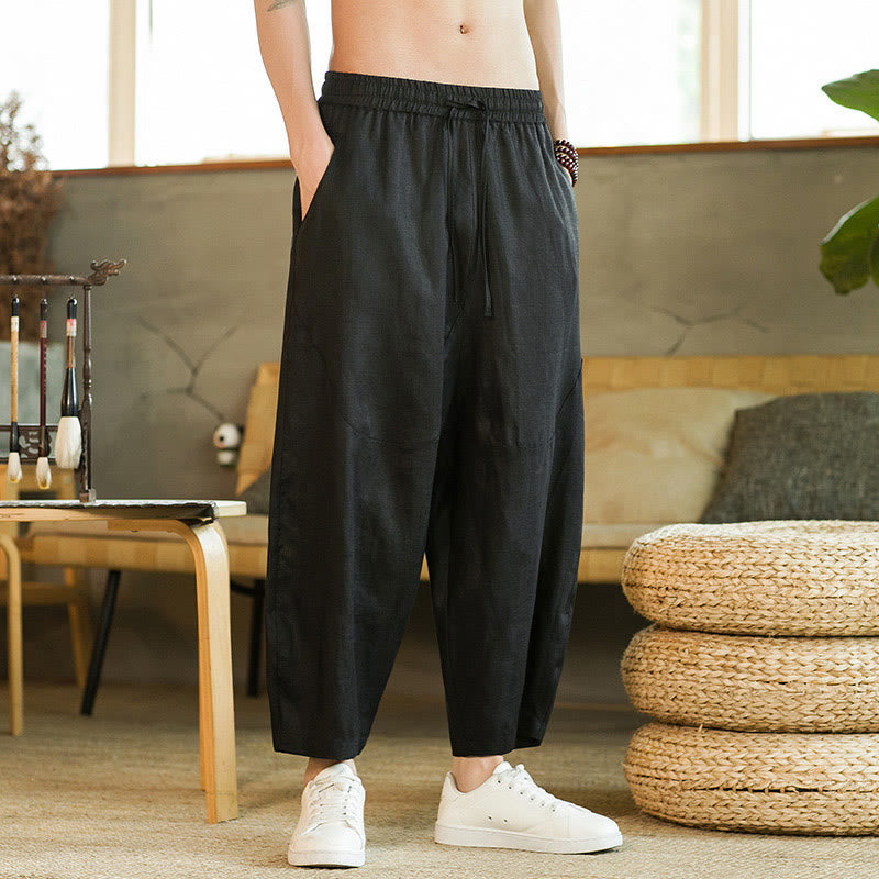 Lässige Retro-Haremshose aus Leinen mit schlichtem Design, Kordelzug und elastischem Bund, mit Taschen