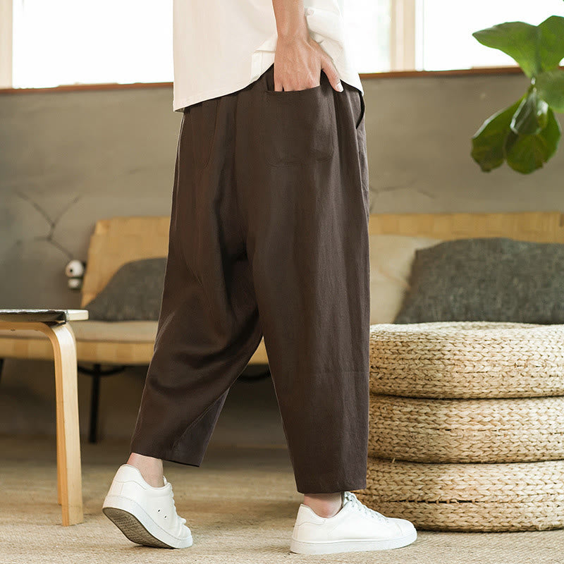Lässige Retro-Haremshose aus Leinen mit schlichtem Design, Kordelzug und elastischem Bund, mit Taschen