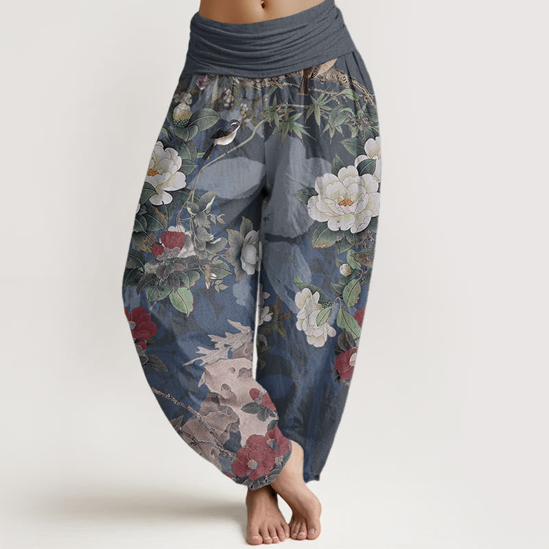 Damen-Haremshose aus reiner Baumwolle mit elastischer Taille und Pfingstrosen-Blumen-Blättern