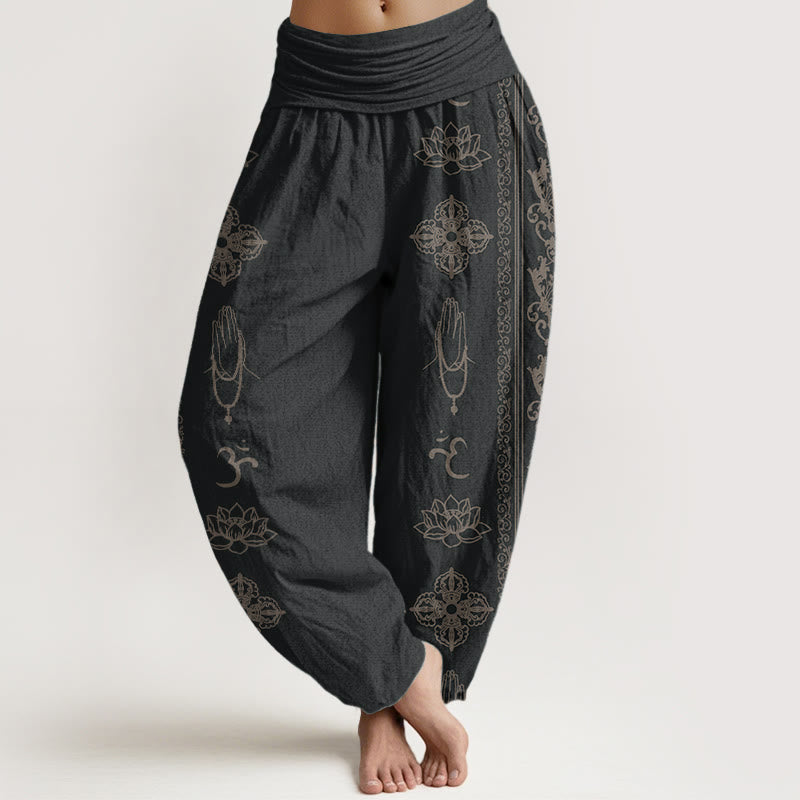Haremshose für Damen mit elastischer Taille, reine Baumwolle, Lotusblumen, doppeltes Dorje-Vajra-Namaste-Om-Design