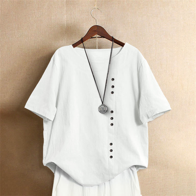 Lässiges Sommer-T-Shirt für Damen, einfarbig, Jacquard-Muster, Rundhalsausschnitt, Kurzarm, mit Knopfleiste