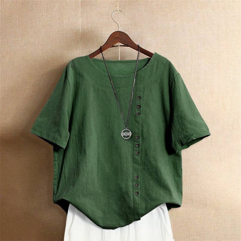 Lässiges Sommer-T-Shirt für Damen, einfarbig, Jacquard-Muster, Rundhalsausschnitt, Kurzarm, mit Knopfleiste