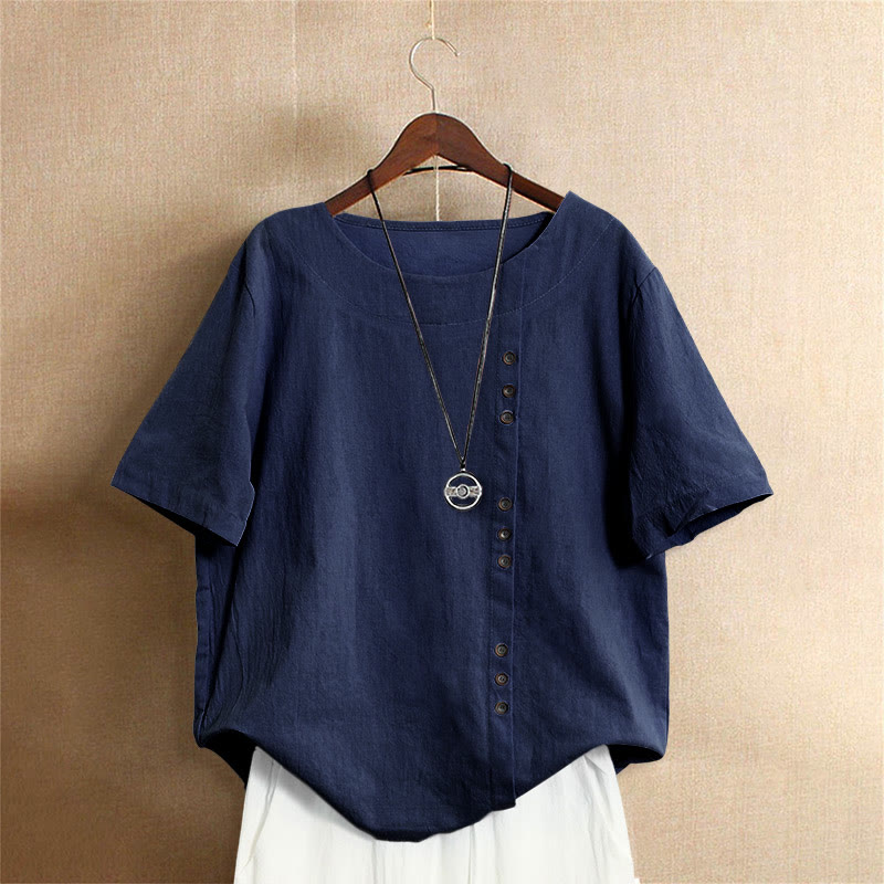 Lässiges Sommer-T-Shirt für Damen, einfarbig, Jacquard-Muster, Rundhalsausschnitt, Kurzarm, mit Knopfleiste