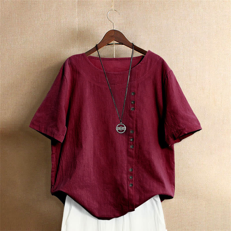 Lässiges Sommer-T-Shirt für Damen, einfarbig, Jacquard-Muster, Rundhalsausschnitt, Kurzarm, mit Knopfleiste