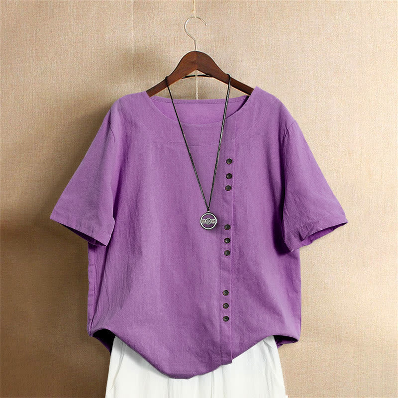 Lässiges Sommer-T-Shirt für Damen, einfarbig, Jacquard-Muster, Rundhalsausschnitt, Kurzarm, mit Knopfleiste