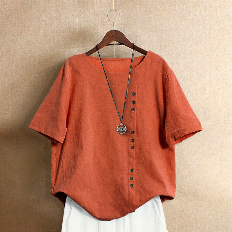 Lässiges Sommer-T-Shirt für Damen, einfarbig, Jacquard-Muster, Rundhalsausschnitt, Kurzarm, mit Knopfleiste