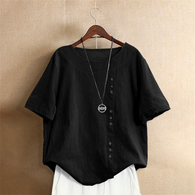Lässiges Sommer-T-Shirt für Damen, einfarbig, Jacquard-Muster, Rundhalsausschnitt, Kurzarm, mit Knopfleiste
