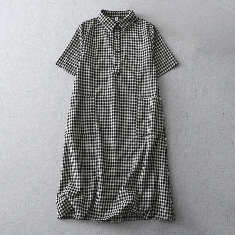 Lässiges Midikleid aus Baumwolle mit Vintage-Karomuster, Revers und kurzen Ärmeln und Taschen