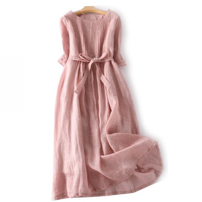 Lässiges, schlichtes Midikleid mit Schnürung, Rundhalsausschnitt, halben Ärmeln und Taschen