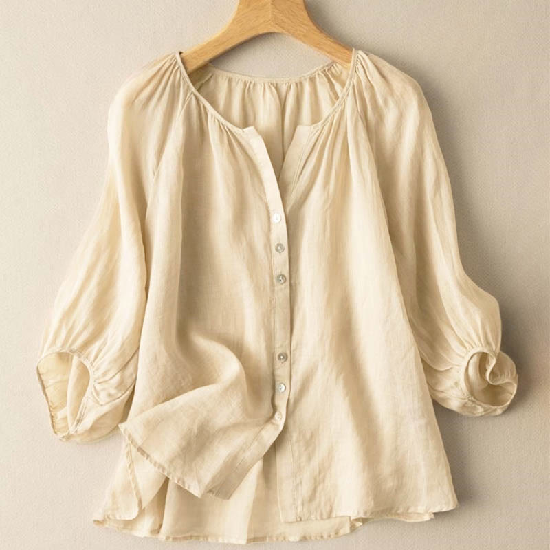 Vintage Damenhemd mit V-Ausschnitt, Knopfleiste und Dreiviertel-Puffärmeln
