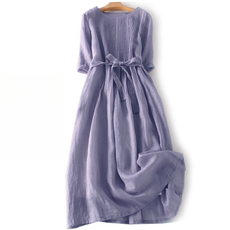 Lässiges, schlichtes Midikleid mit Schnürung, Rundhalsausschnitt, halben Ärmeln und Taschen