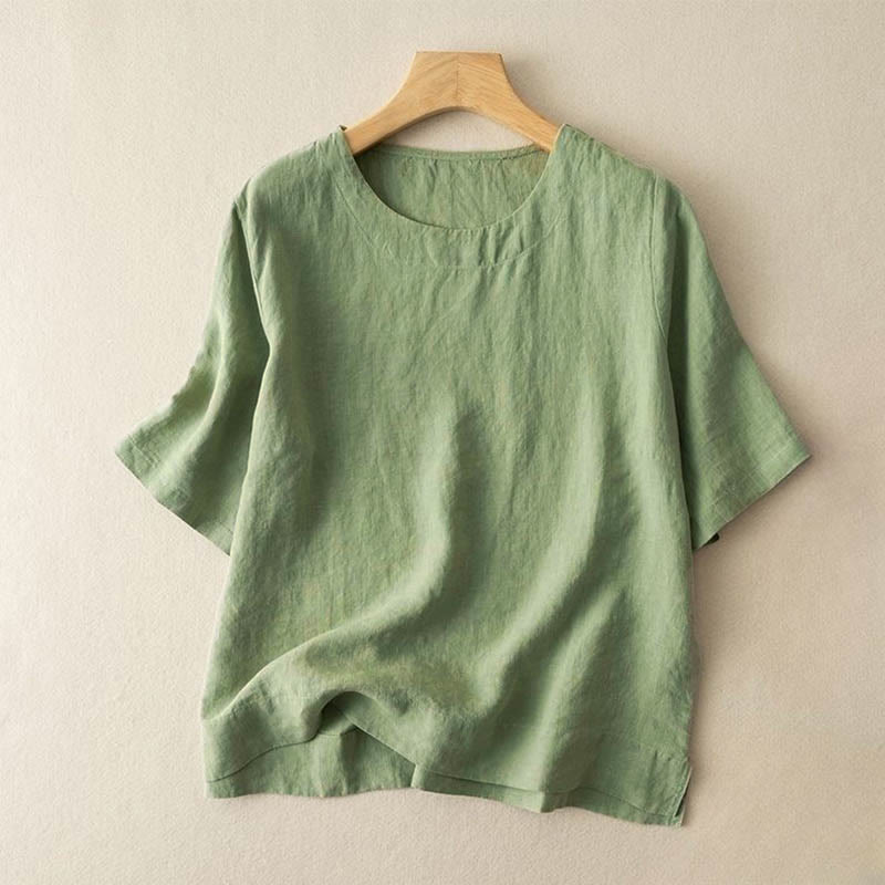 Schlichtes, einfarbiges, kurzärmliges Damen-T-Shirt aus Baumwolle mit Rundhalsausschnitt und Seitenschlitz