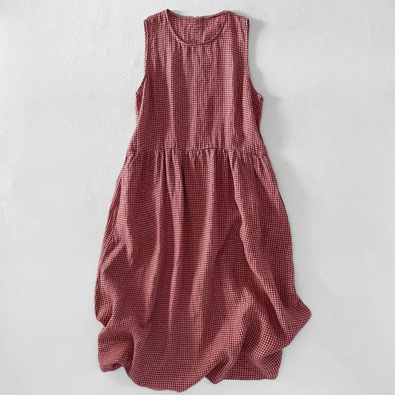 Lässiges, schlichtes, handgemachtes kariertes Midikleid aus Baumwolle, ärmelloses Kleid mit Taschen