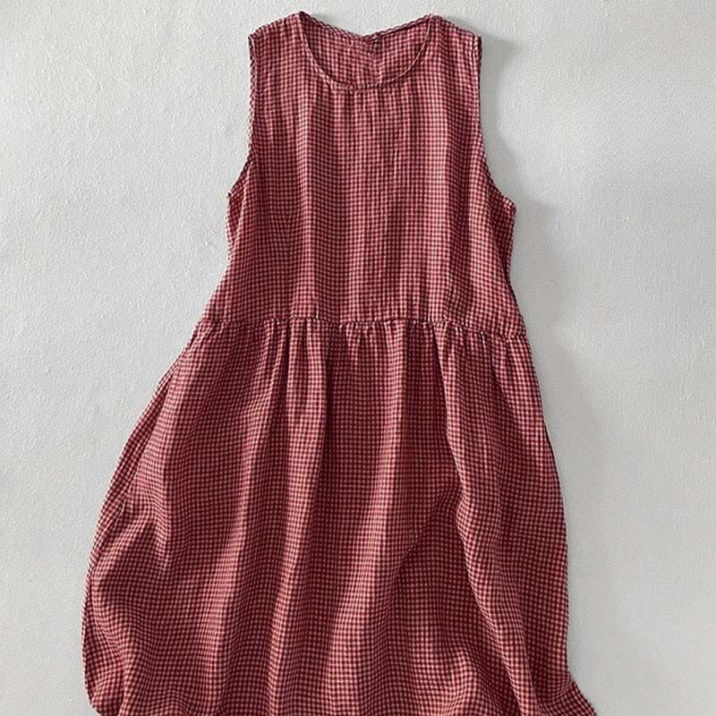 Lässiges, schlichtes, handgemachtes kariertes Midikleid aus Baumwolle, ärmelloses Kleid mit Taschen