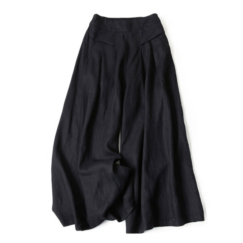 Unifarbene Hose aus Baumwollleinen mit hoher Taille und weitem Bein und Taschen