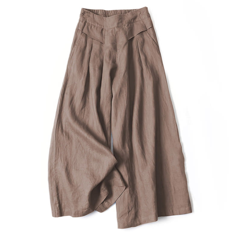 Unifarbene Hose aus Baumwollleinen mit hoher Taille und weitem Bein und Taschen
