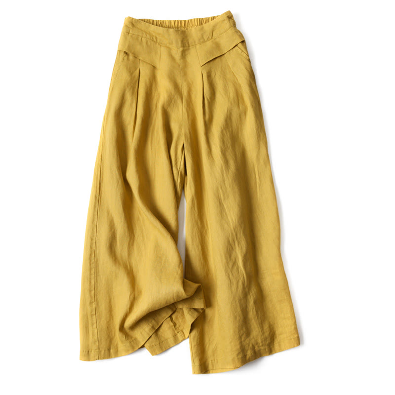 Unifarbene Hose aus Baumwollleinen mit hoher Taille und weitem Bein und Taschen