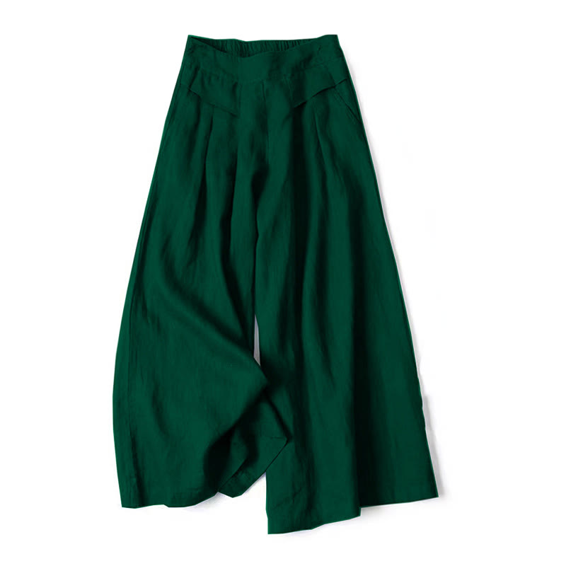 Unifarbene Hose aus Baumwollleinen mit hoher Taille und weitem Bein und Taschen