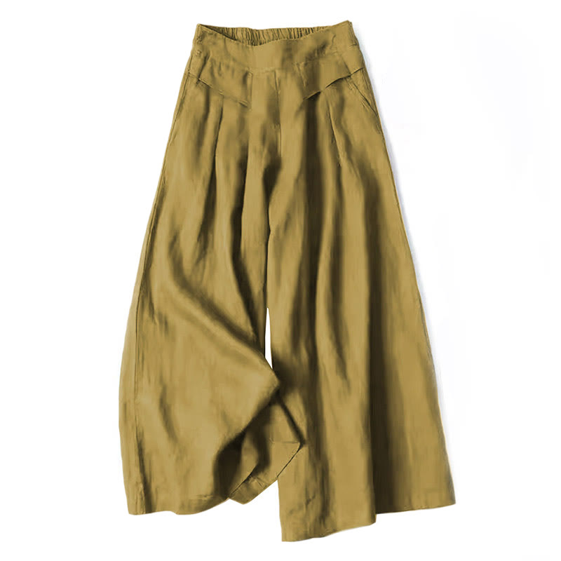 Unifarbene Hose aus Baumwollleinen mit hoher Taille und weitem Bein und Taschen