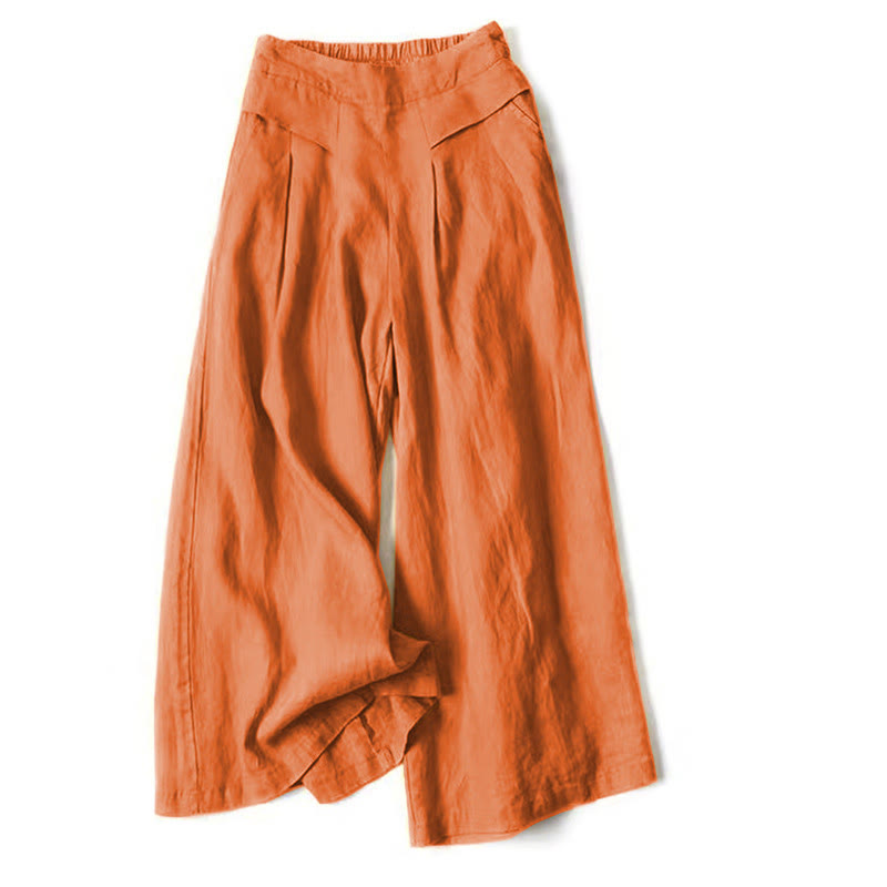 Unifarbene Hose aus Baumwollleinen mit hoher Taille und weitem Bein und Taschen