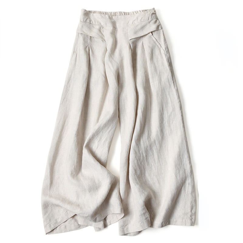 Unifarbene Hose aus Baumwollleinen mit hoher Taille und weitem Bein und Taschen