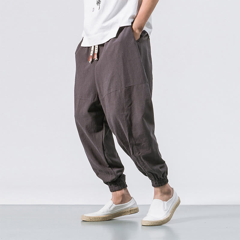 Herren-Haremshose aus Baumwolle, schlicht und einfach, mit Kordelzug und Taschen