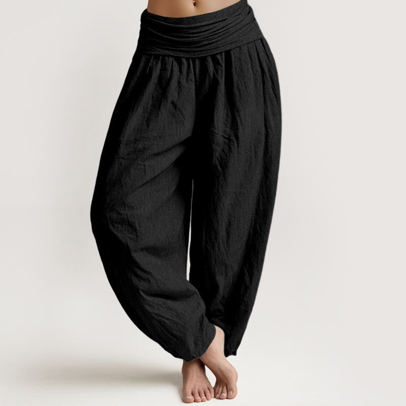 Damen Haremshose aus reiner Baumwolle, schlicht, schwarz, elastische Taille