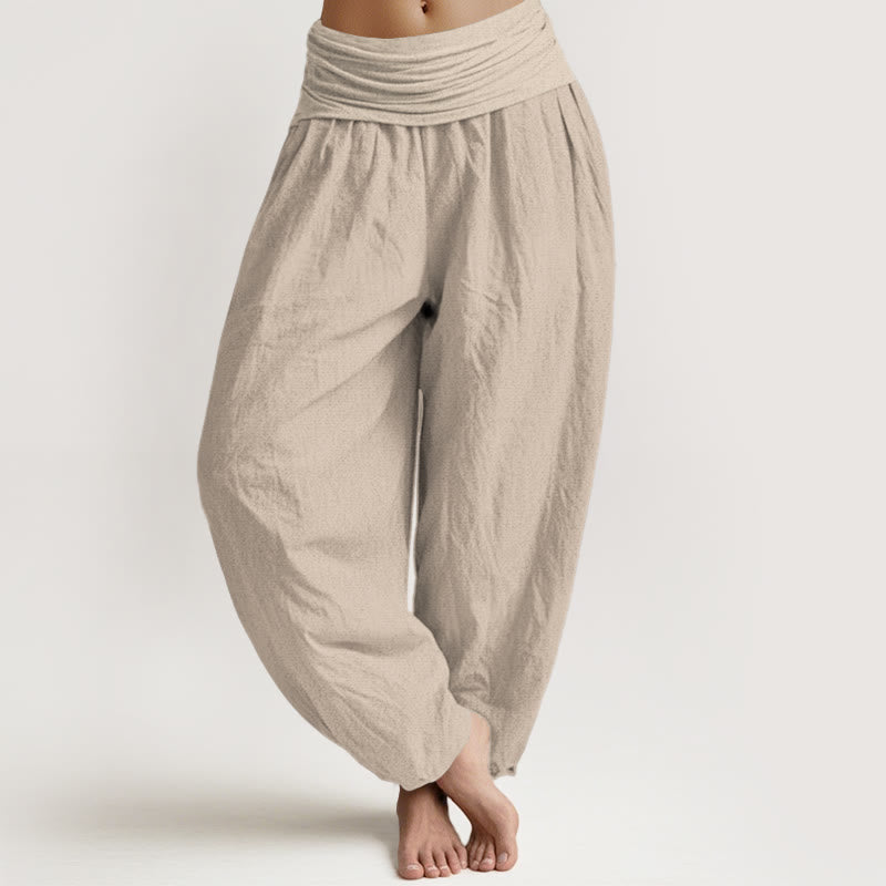Damen Haremshose aus reiner Baumwolle mit elastischer Taille in einfarbiger Hellbraun
