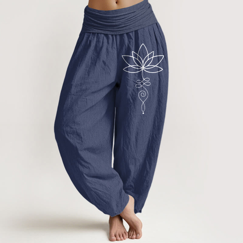 Lotus Unalome Symbol Muster Damen Haremshose aus reiner Baumwolle mit elastischer Taille