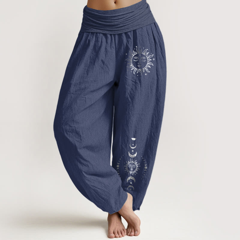 Sun Moon Stars Pattern Damen Haremshose aus reiner Baumwolle mit elastischer Taille