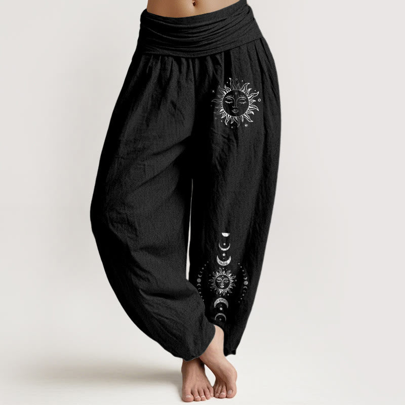 Sun Moon Stars Pattern Damen Haremshose aus reiner Baumwolle mit elastischer Taille