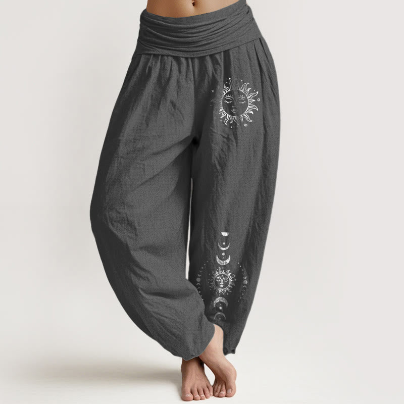 Sun Moon Stars Pattern Damen Haremshose aus reiner Baumwolle mit elastischer Taille