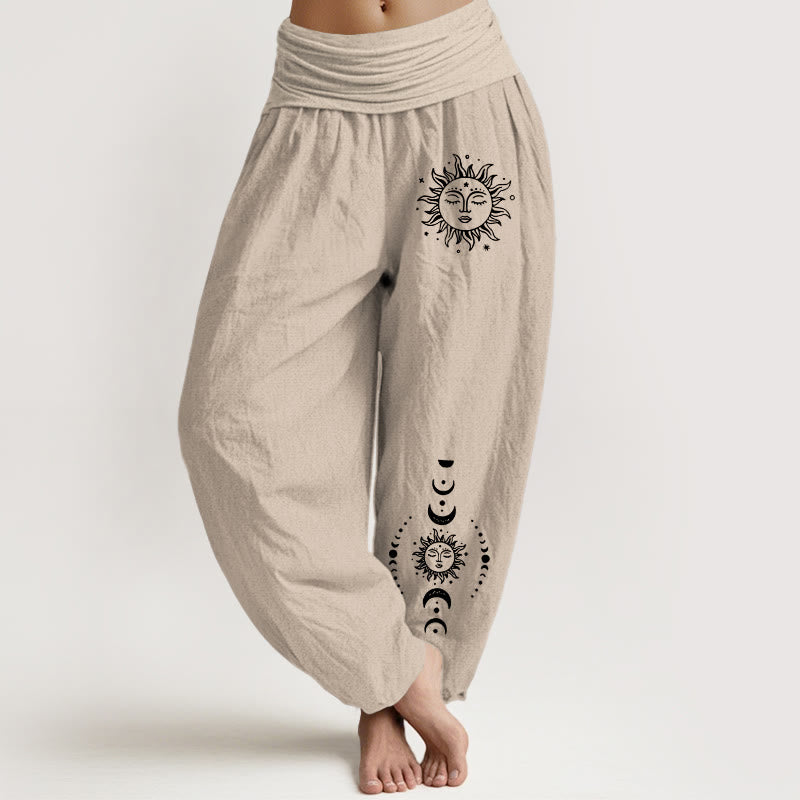 Sun Moon Stars Pattern Damen Haremshose aus reiner Baumwolle mit elastischer Taille