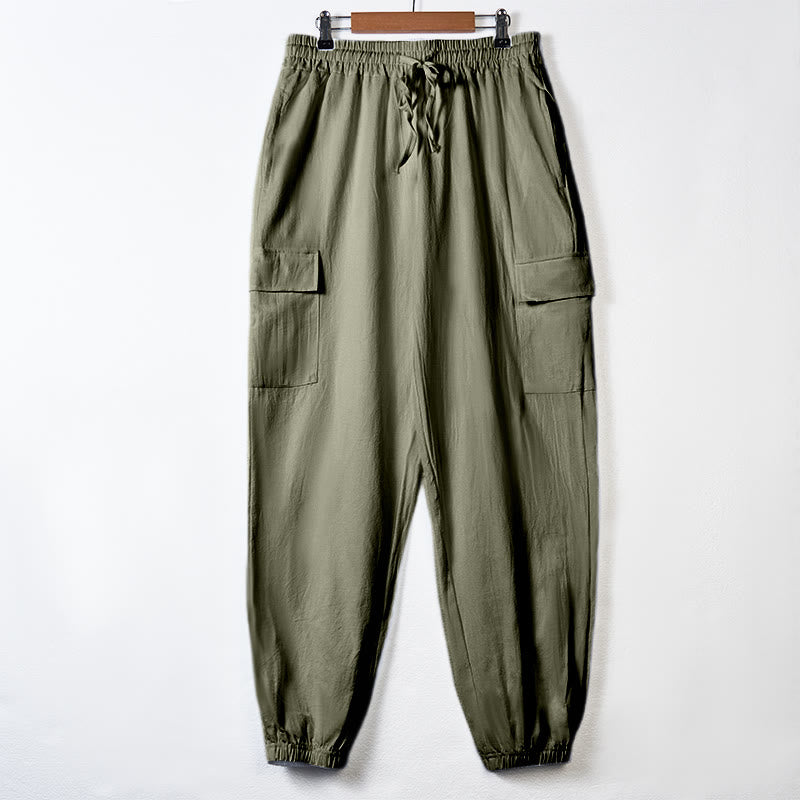 Herren-Cargohose aus Leinen mit Kordelzug und Taschen